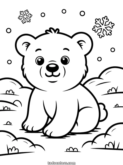 Baby polar bear coloring page: a small polar bear cub sitting between snowdrifts with snowflakes falling around it