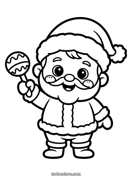 Baby kerstman kleurplaat: een piepkleine kerstman met grote ronde ogen, blozende wangen en een klein snorretje, in een pak en muts met bontrand, met een rammelaar omhoog