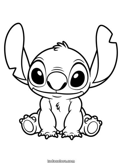Dibujo de Stitch bebé para colorear: un Stitch pequeño sentado en el suelo con las orejas levantadas y las patas extendidas