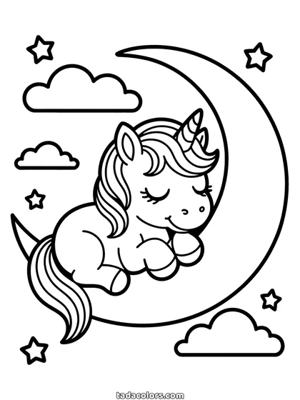 Dibujo de unicornio bebé para colorear: un unicornio pequeño dormido y acurrucado sobre una luna creciente, con nubes y estrellas alrededor