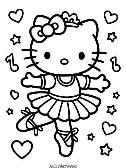 Dibujo de Hello Kitty bailarina para colorear: Hello Kitty de puntillas con un tutú y zapatillas de ballet, con corazones y estrellas alrededor