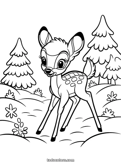 Dibujo de Bambi para colorear: un cervatillo con manchas entre pinos cubiertos de nieve, con flores pequeñas a sus pies