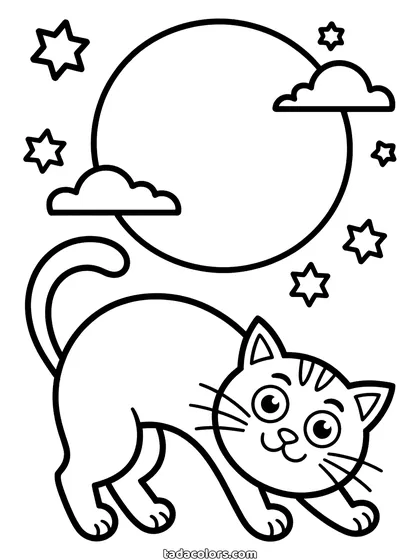 Dibujo de gato negro para colorear: un gato con el lomo arqueado y la cola en alto bajo una luna llena, con nubes y estrellas alrededor