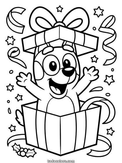 Dibujo de Bluey de Navidad para colorear: Bluey saltando de una caja de regalo a rayas con la tapa levantándose y confeti y estrellas alrededor