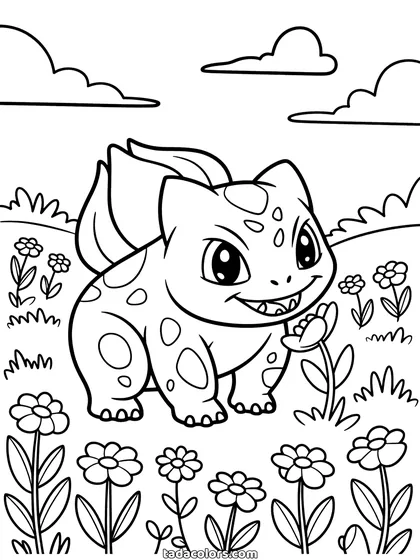 Dibujo de Bulbasaur para colorear: Bulbasaur de pie en un prado lleno de flores con el bulbo a la espalda, arbustos y nubes detrás