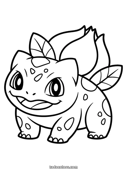 Dibujo de Bulbasaur para colorear: Bulbasaur de pie con el bulbo de la espalda abierto en una flor completa, con pétalos y hojas extendidos