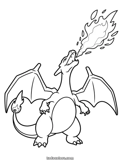 Dibujo de Charizard para colorear: Charizard de pie con las alas abiertas, la cabeza levantada y un chorro de fuego saliendo de su boca