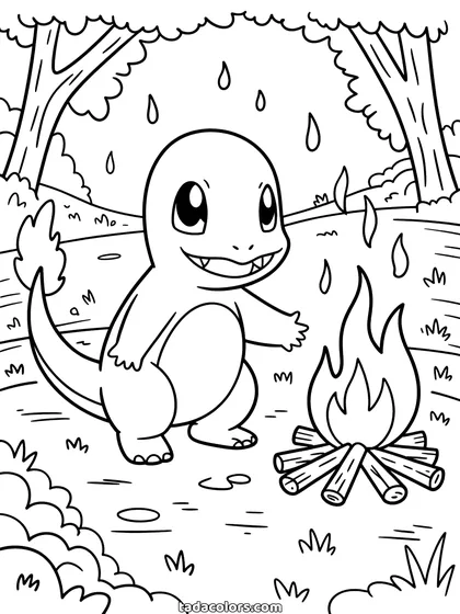 Dibujo de Charmander para colorear: Charmander de pie junto a una hoguera en el bosque con la llama de la cola encendida, árboles y hojas cayendo