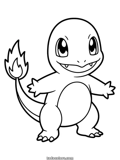 Dibujo de Charmander para colorear: Charmander de pie con los brazos abiertos y la llama de la punta de la cola encendida, sin nada más en la página