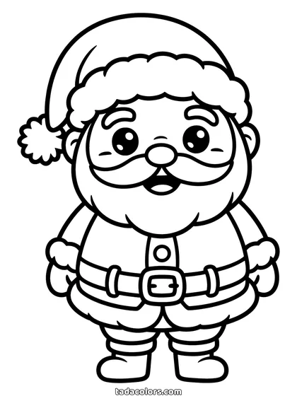 Chibi Santa coloring page: a short round Santa Claus with an oversized head, big shiny eyes, a moustache and beard, a suit with one button and a wide belt with a buckle