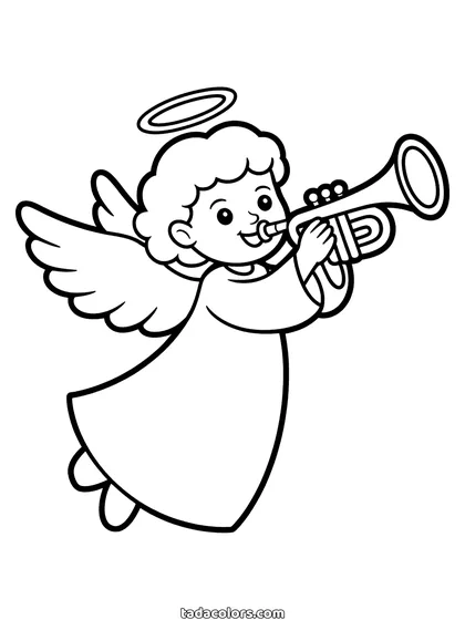 Christmas angel coloring page: a little angel with curly hair, a halo and feathered wings, flying in a long robe while playing a trumpet