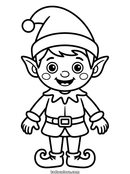 Dibujo de elfo de Navidad para colorear: un elfo sonriente con gorro puntiagudo, túnica con cinturón y botas curvadas, con las manos en la cintura