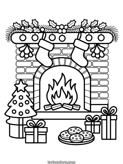 Kerst kleurplaat van een bakstenen open haard met een houtvuur, twee kerstsokken aan een hulstslinger, een klein kerstboompje, cadeautjes en een bord koekjes