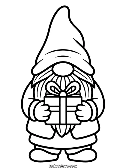 Christmas gnome coloring page: a gnome with a tall pointed hat pulled over his eyes, a round nose and a long beard, holding a present tied with a bow
