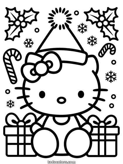Dibujo de Hello Kitty de Navidad para colorear: Hello Kitty con gorro de Papá Noel, regalos envueltos, bastones de caramelo, acebo y copos de nieve