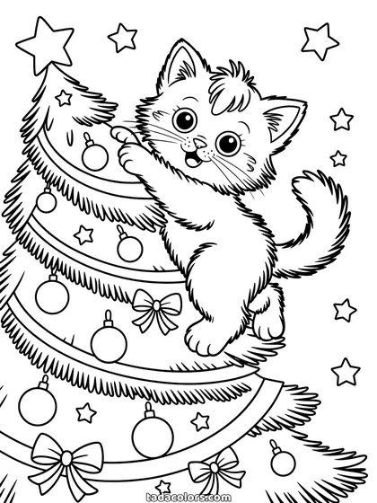 Christmas kitten coloring page: a fluffy kitten clinging to a Christmas tree decorated with baubles, ribbon bows and tinsel, with stars around