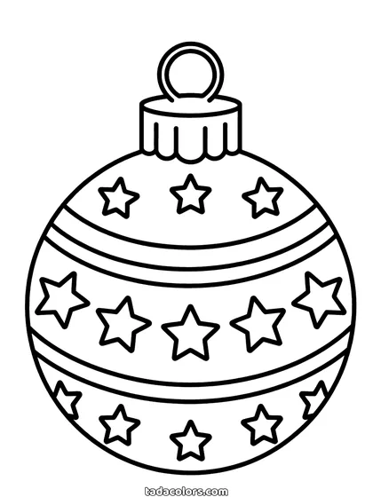 Christmas ornament coloring page: a large round Christmas bauble with a metal cap and hanging loop, decorated with bands and rows of stars