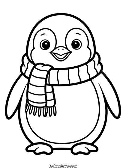 Christmas penguin coloring page: a round cartoon penguin with big eyes, flippers out and a striped scarf with fringed ends wrapped around its neck