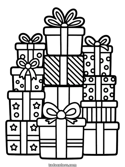 Christmas presents coloring page: a tall stack of wrapped gift boxes with stripes, polka dots and stars, each tied with a ribbon and a bow