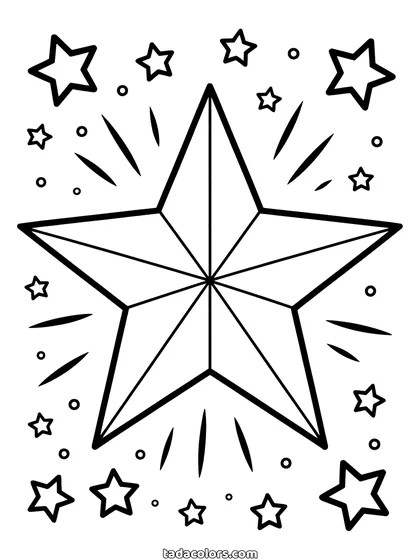 Christmas star coloring page: a large five-pointed star divided into facets, with rays, small stars and dots of light around it