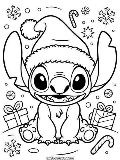 Dibujo de Stitch de Navidad para colorear: Stitch con gorro de Papá Noel sentado entre regalos, bastones de caramelo y copos de nieve