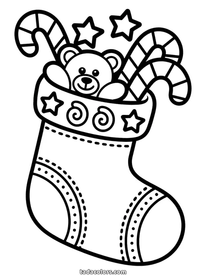 Dibujo del calcetín de Navidad para colorear: un calcetín estampado con puño de piel lleno de un osito, bastones de caramelo, una estrella y regalitos