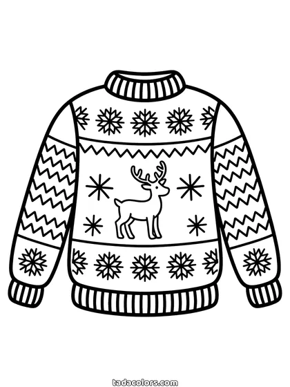 Dibujo de jersey de Navidad para colorear: un jersey navideño de punto con un reno en el pecho, franjas de copos de nieve, mangas en zigzag y puños de canalé