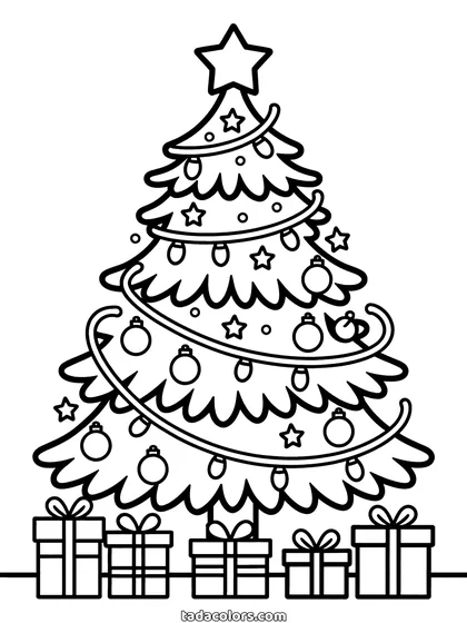 Dibujo del árbol de Navidad para colorear: un árbol alto decorado con bolas, estrellas y guirnaldas, con una estrella en la punta y regalos envueltos debajo