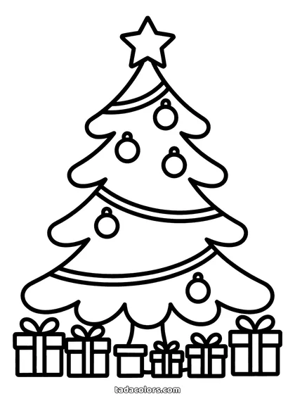 Christmas tree with presents coloring page: a Christmas tree with a star on top, garlands and round baubles, and a row of wrapped presents at its base