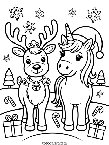 Christmas unicorn coloring page: a unicorn wearing a Santa hat standing beside a smiling reindeer with a bell collar, presents, candy canes and snowflakes around