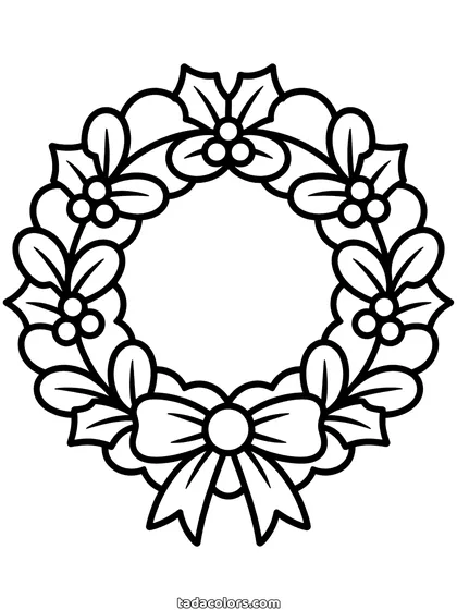 Dibujo de la corona de Navidad para colorear: un aro de hojas de acebo puntiagudas y racimos de bayas con un lazo ancho atado en la parte de abajo