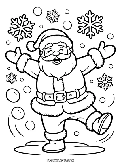 Dancing Santa coloring page: Santa Claus laughing with his eyes closed, arms thrown wide and one boot kicked up, with big snowflakes and round snowballs all around