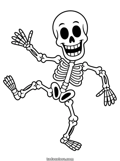 Dibujo de esqueleto para colorear: un esqueleto completo a media danza con una pierna levantada, los brazos abiertos y una sonrisa enorme