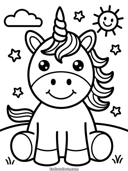 Dibujo de unicornio fácil para colorear: un unicornio sentado de frente, dibujado grande y con línea gruesa, con una nube, un sol sonriente y estrellas