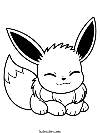 Eevee kleurplaat: Eevee ligt opgerold te slapen met gesloten ogen, een pluizige kraag en zijn bossige staart om zijn lijf heen