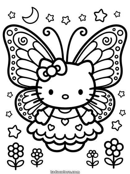 Dibujo de Hello Kitty hada para colorear: Hello Kitty con grandes alas de mariposa estampadas y un vestido de capas, con estrellas y flores alrededor