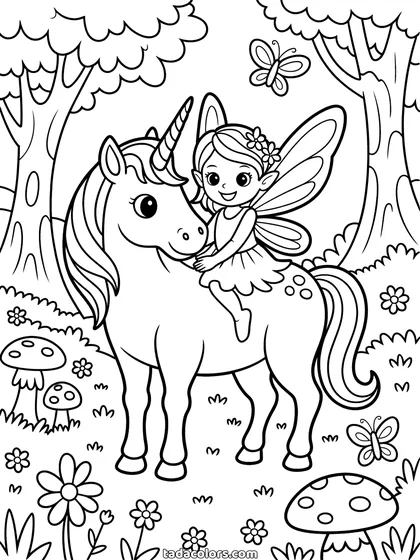 Fairy unicorn coloring page: a little fairy with wings sitting on the back of a unicorn in a forest, with trees, spotted toadstools, flowers and butterflies