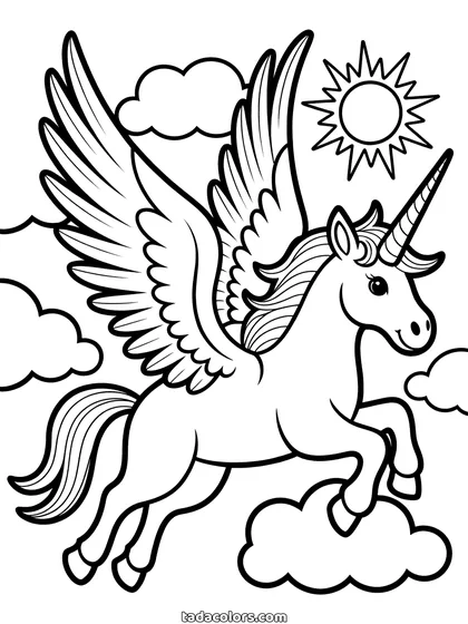 Dibujo de unicornio con alas para colorear: un unicornio galopa por el cielo con las alas de plumas abiertas, un sol arriba y nubes debajo