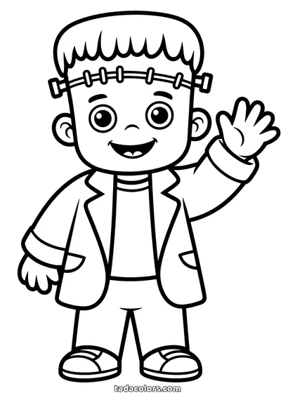 Dibujo de Frankenstein para colorear: un monstruito con la cabeza plana, tornillos en el cuello y una chaqueta, saludando con la mano