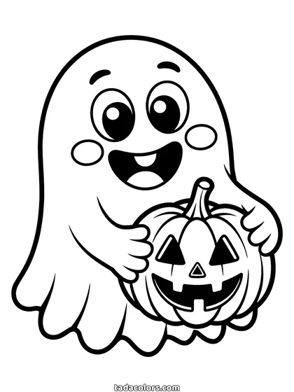 Dibujo de fantasma para colorear: un fantasma sonriente con las mejillas rosas sujetando una calabaza tallada con las dos manos