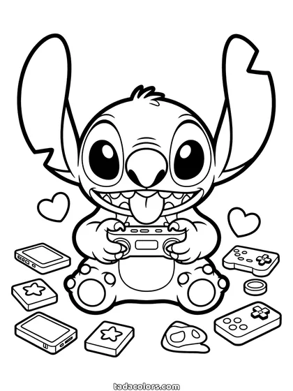 Dibujo de Stitch gamer para colorear: Stitch agarrando un mando de videojuegos con las dos patas, rodeado de consolas portátiles, cartuchos y corazones