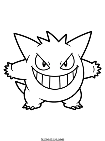Gengar kleurplaat: Gengar kijkt recht naar voren met samengeknepen ogen, een enorme grijns vol tanden en zijn korte armpjes uit