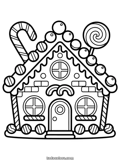 Dibujo de la casita de jengibre para colorear: una casa de jengibre con el tejado de caramelos redondos, ventanas, piruletas y un bastón de caramelo junto a la puerta