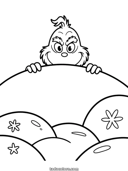 Dibujo del Grinch para colorear: el Grinch asomando por la cresta de una colina nevada con una sonrisa de estar tramando algo y copos alrededor