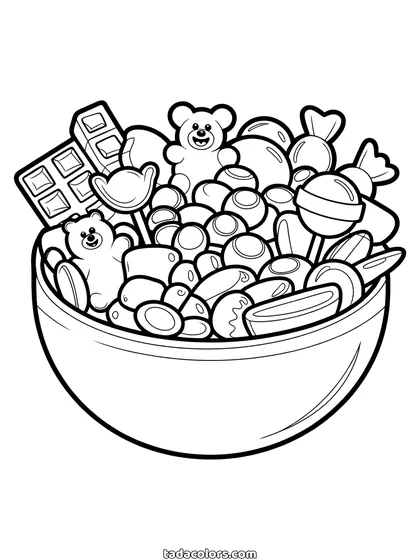 Dibujo de caramelos de Halloween para colorear: un cuenco redondo rebosante de golosinas envueltas, una piruleta, una tableta de chocolate y un osito de gominola