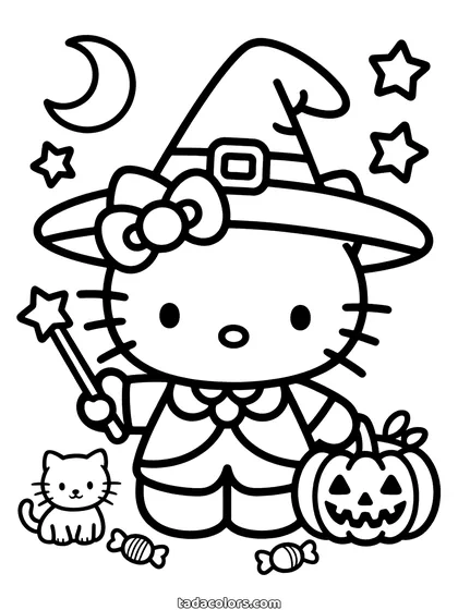 Dibujo de Hello Kitty de Halloween para colorear: Hello Kitty con sombrero de bruja y una varita con estrella, con una calabaza tallada y un gatito