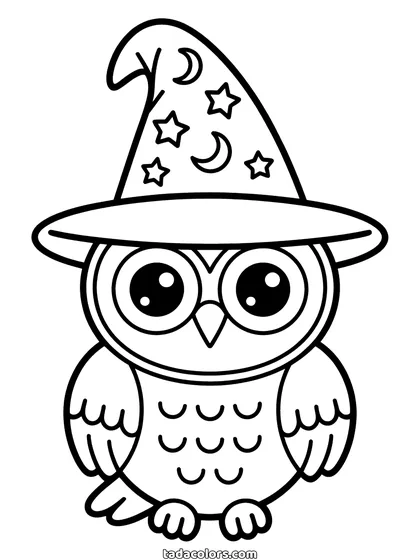 Dibujo de búho de Halloween para colorear: un búho redondo con un sombrero de mago puntiagudo cubierto de estrellas y lunas, con ojos grandes