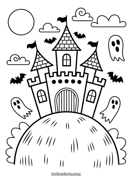 Dibujo de castillo encantado para colorear: un castillo con torres puntiagudas y banderas sobre una colina, con murciélagos y fantasmas alrededor bajo la luna llena