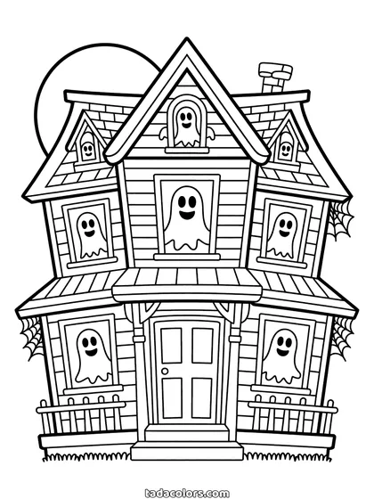 Dibujo de casa encantada para colorear: una mansión alta y vieja con un fantasma asomando en cada ventana, la luna llena detrás del tejado y una verja delante