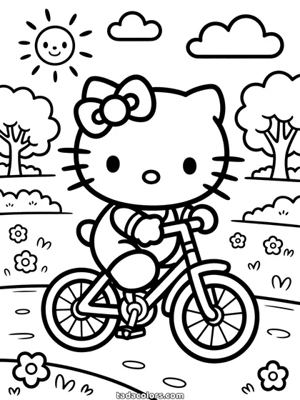 Dibujo de Hello Kitty en bici para colorear: Hello Kitty pedaleando por un parque con árboles, flores y nubes detrás